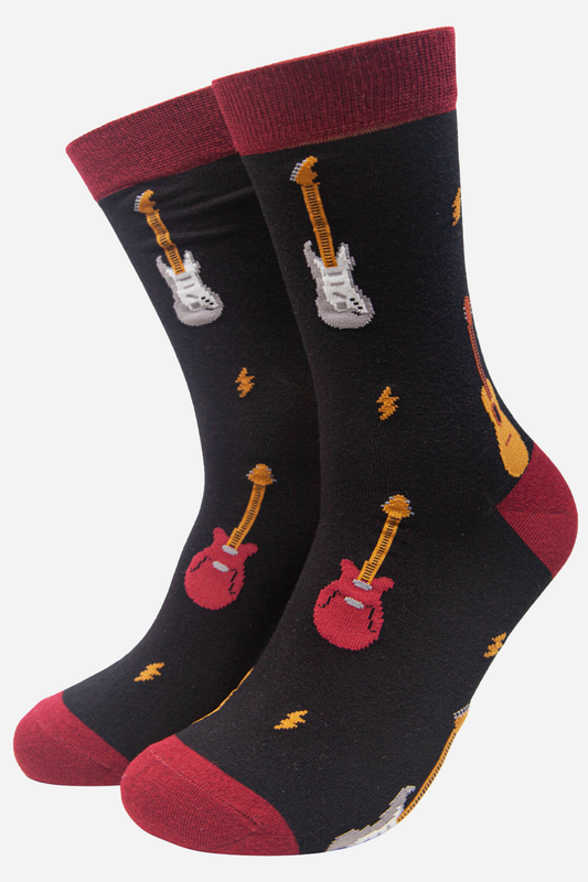 Black Men's Mixed Guitar Print Bamboo Socks