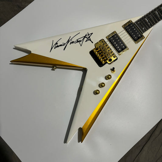 Gold Binding White Double Dovetail Fork Electric Guitar FR Tremolo Bridge Gold Hardware Fast Ship-0
