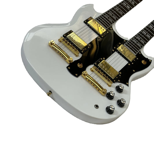 Minyu G-Brand White&Red Electric Guitar With 12+6 Strings Double Neck and Gold Hardware Free Shipping-0