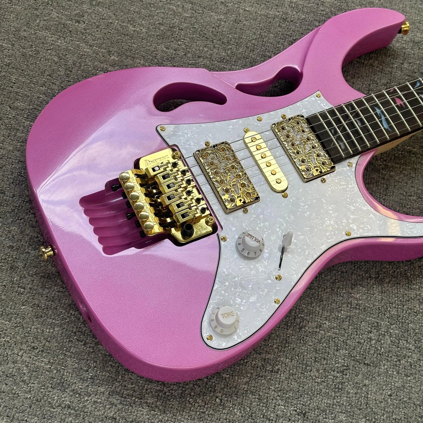 MINYU OEM 7v Electric Guitar With Pink Body Gold Bridge HSH Pickups Customizable Ebony Fingerboard, Fast Ship-6