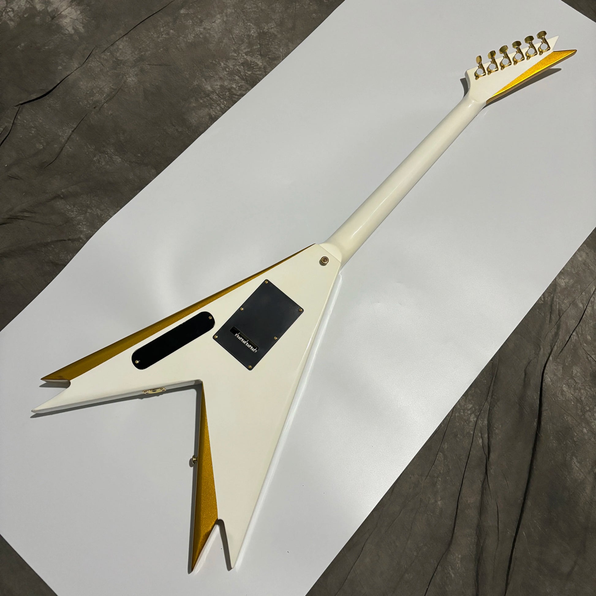 Gold Binding White Double Dovetail Fork Electric Guitar FR Tremolo Bridge Gold Hardware Fast Ship-1